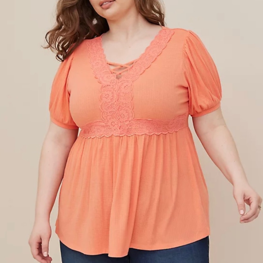 NEW Torrid Coral Babydoll Textured Knit Strappy Short Sleeve Top, Size 2